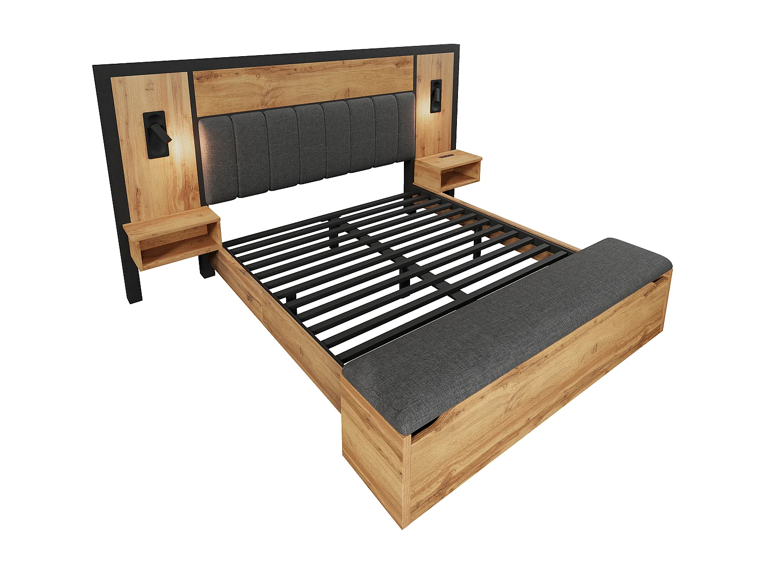 Lit double 180 x 200 cm avec banc coffre et tables de chevet - Lampe de lecture et prises USB + Type-C - Bois MDF + lin - Chêne (sans matelas)