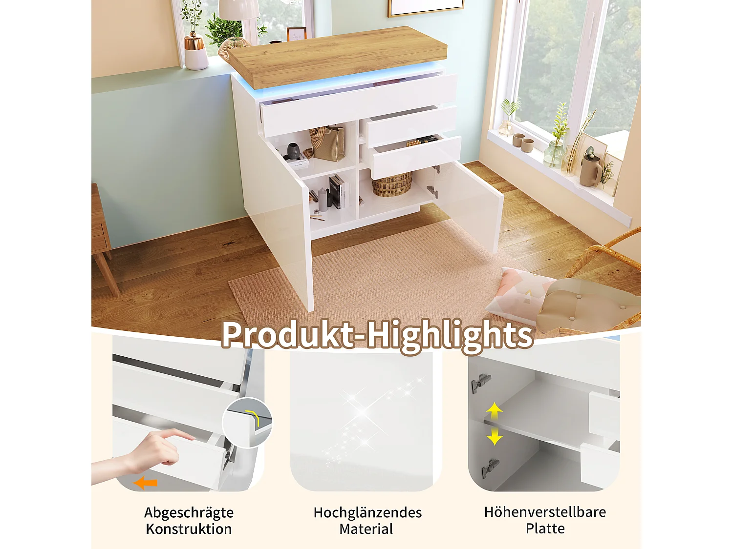 Kommode mit 2 Türen und 3 Schubladen – 110 x 39 x 115 cm – LEDs – Spanplatte – für Wohnzimmer, Schlafzimmer – Weiß