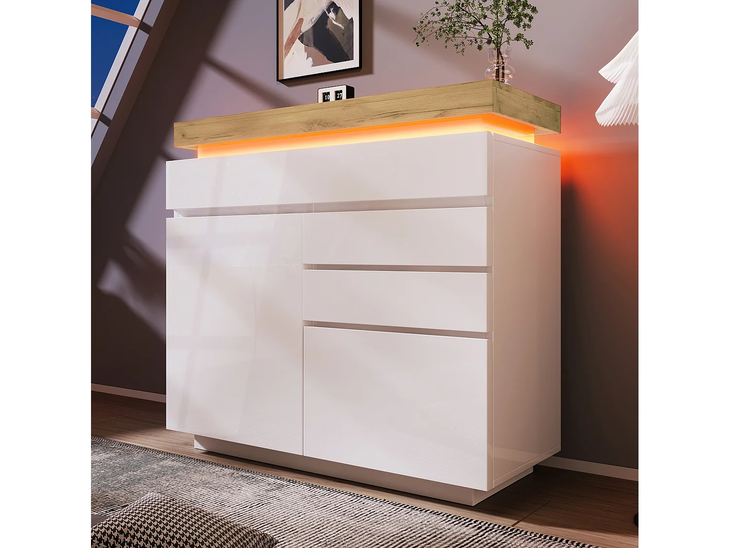 Commode avec 2 portes et 3 tiroirs - 110 x 39 x 115 cm - LEDs - Panneau de particules - pour salon, chambre - Blanc