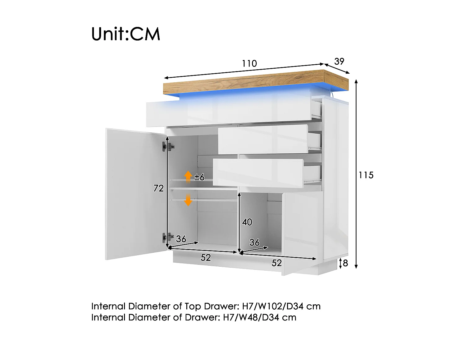 Commode avec 2 portes et 3 tiroirs - 110 x 39 x 115 cm - LEDs - Panneau de particules - pour salon, chambre - Blanc