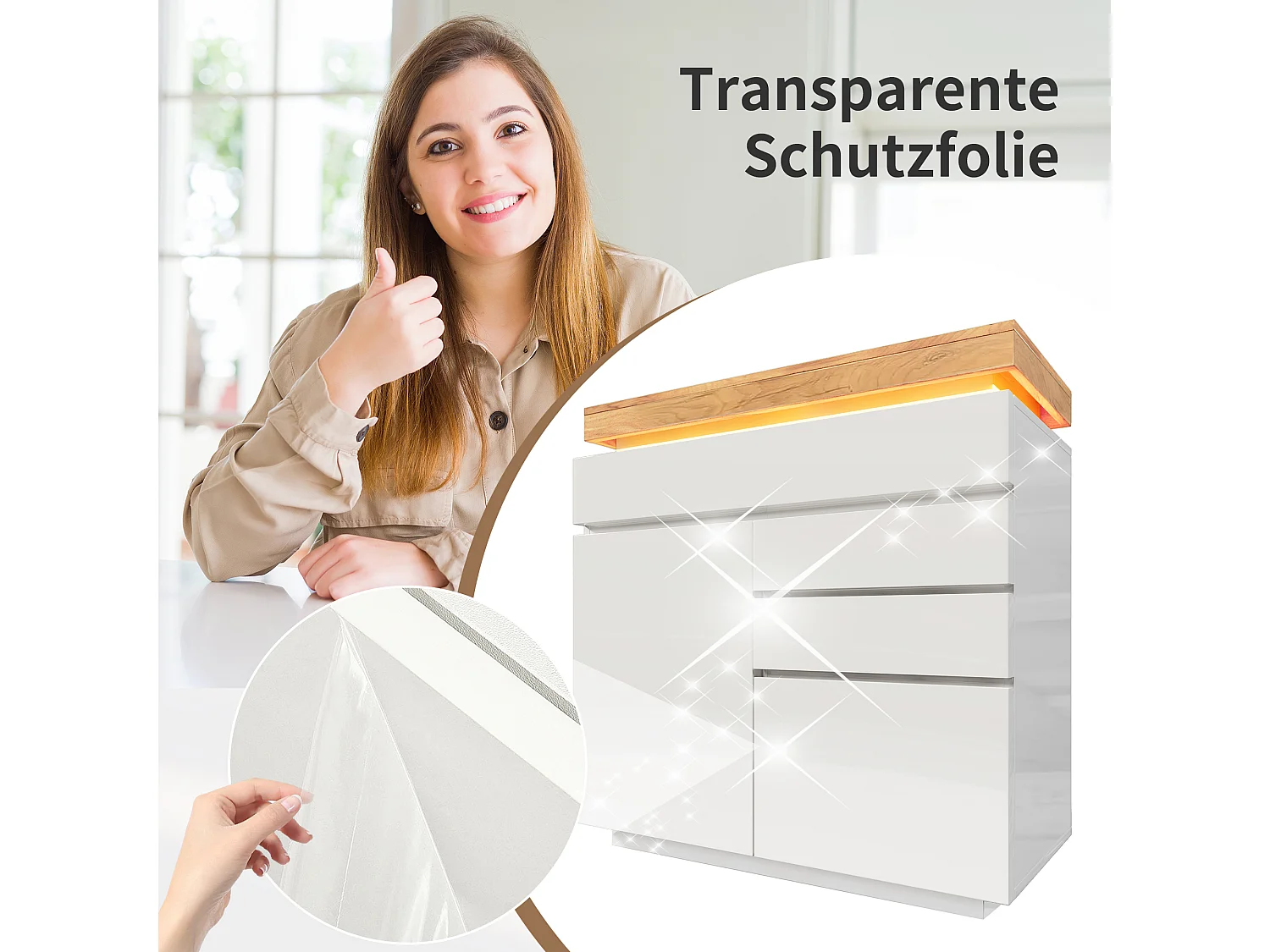 Commode avec 2 portes et 3 tiroirs - 110 x 39 x 115 cm - LEDs - Panneau de particules - pour salon, chambre - Blanc