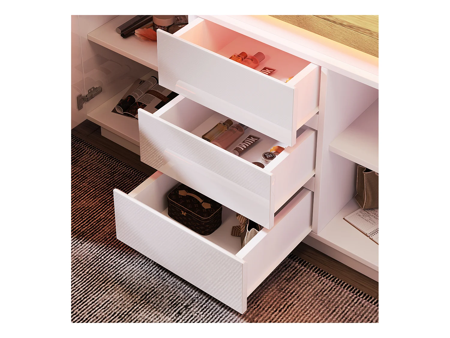 Kommode mit 2 Türen und 3 Schubladen – 140 x 39 x 81 cm – LEDs – Spanplatte – für Wohnzimmer, Schlafzimmer – Weiß