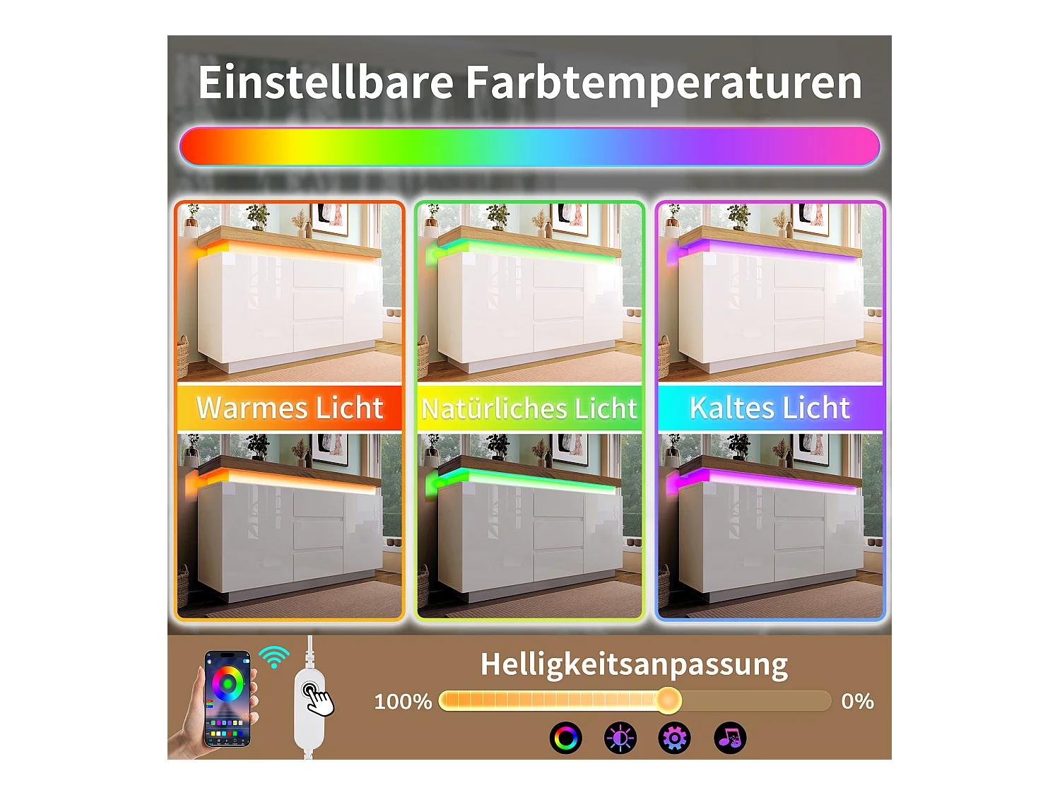 Kommode mit 2 Türen und 3 Schubladen – 140 x 39 x 81 cm – LEDs – Spanplatte – für Wohnzimmer, Schlafzimmer – Weiß