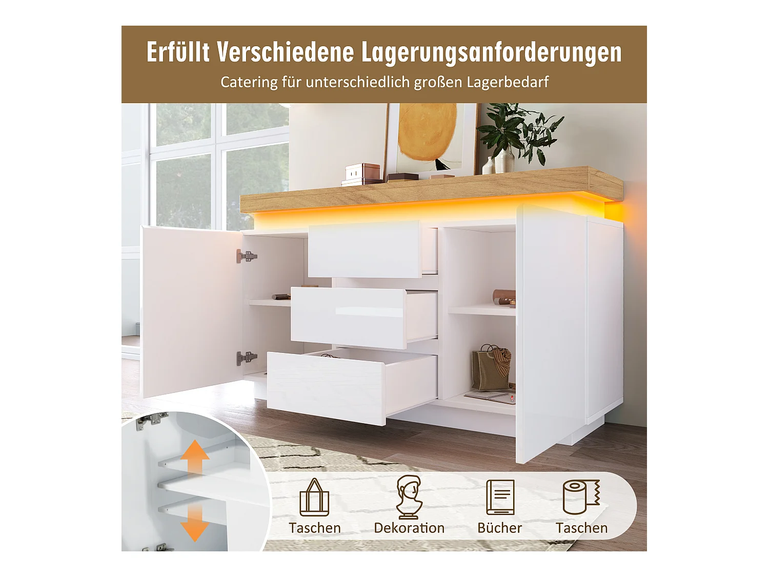 Kommode mit 2 Türen und 3 Schubladen – 140 x 39 x 81 cm – LEDs – Spanplatte – für Wohnzimmer, Schlafzimmer – Weiß