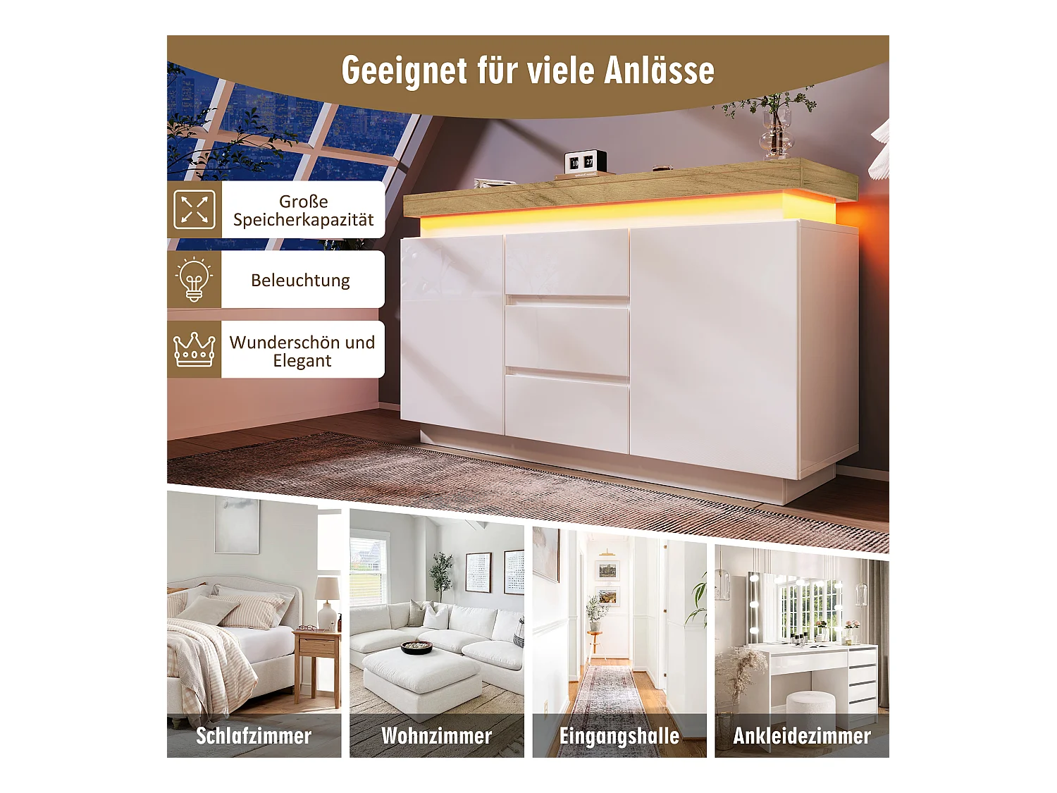 Kommode mit 2 Türen und 3 Schubladen – 140 x 39 x 81 cm – LEDs – Spanplatte – für Wohnzimmer, Schlafzimmer – Weiß
