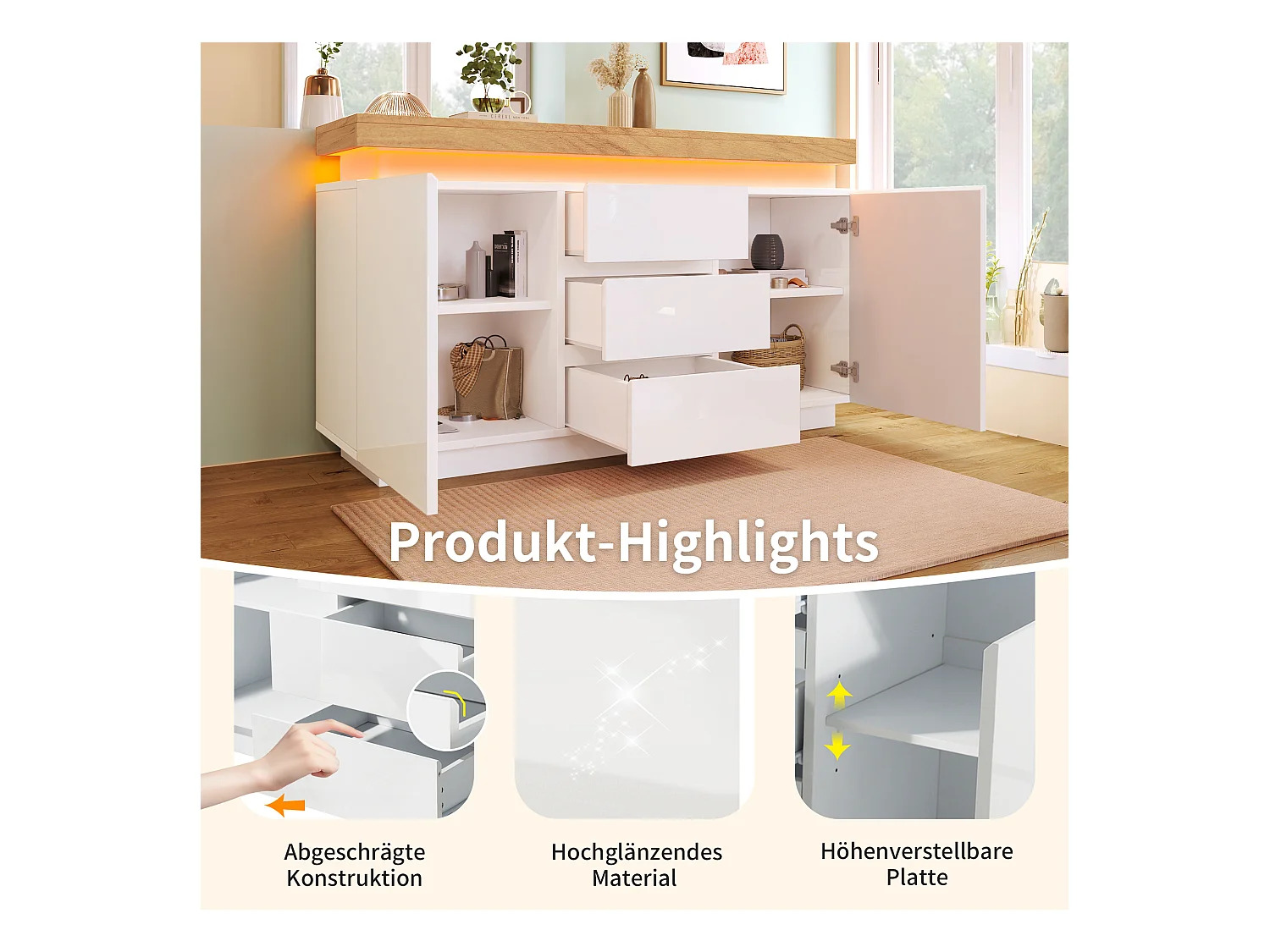 Kommode mit 2 Türen und 3 Schubladen – 140 x 39 x 81 cm – LEDs – Spanplatte – für Wohnzimmer, Schlafzimmer – Weiß