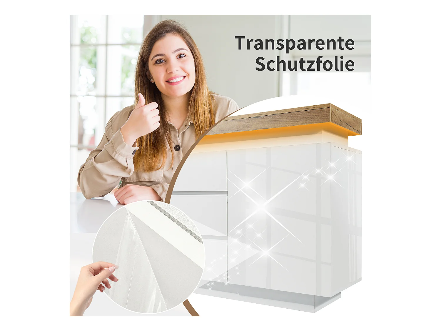 Kommode mit 2 Türen und 3 Schubladen – 140 x 39 x 81 cm – LEDs – Spanplatte – für Wohnzimmer, Schlafzimmer – Weiß