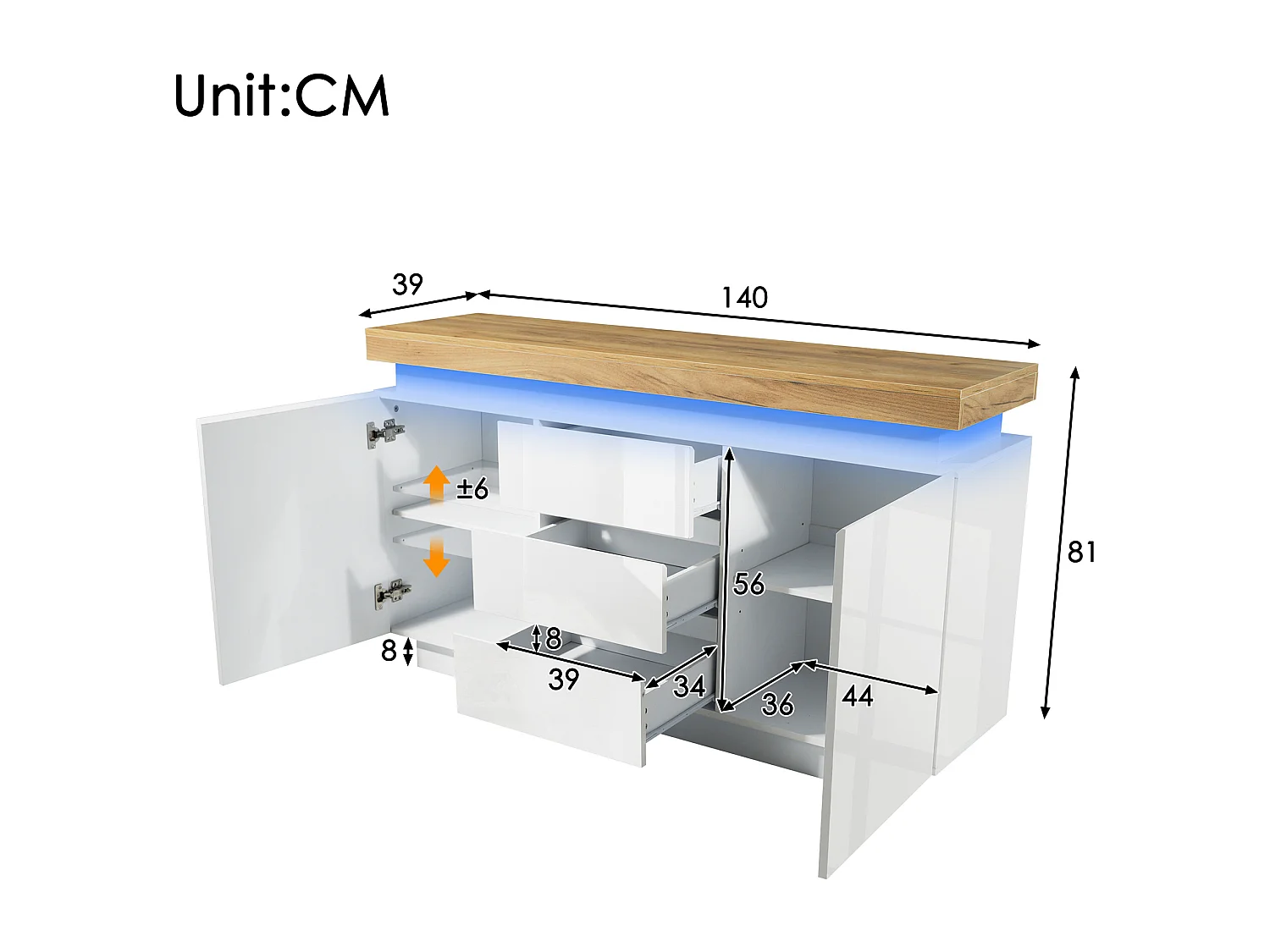 Commode avec 2 portes et 3 tiroirs - 140 x 39 x 81 cm - LEDs - Panneau de particules - pour salon, chambre - Blanc