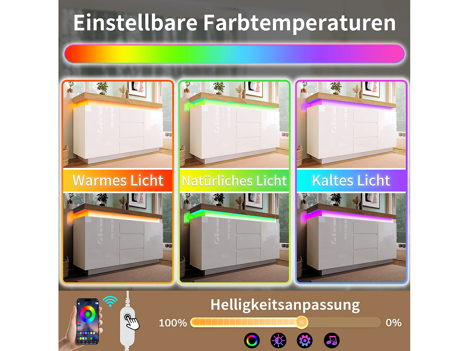 Commode avec 2 portes et 3 tiroirs - 140 x 39 x 81 cm - LEDs - Panneau de particules - pour salon, chambre - Blanc