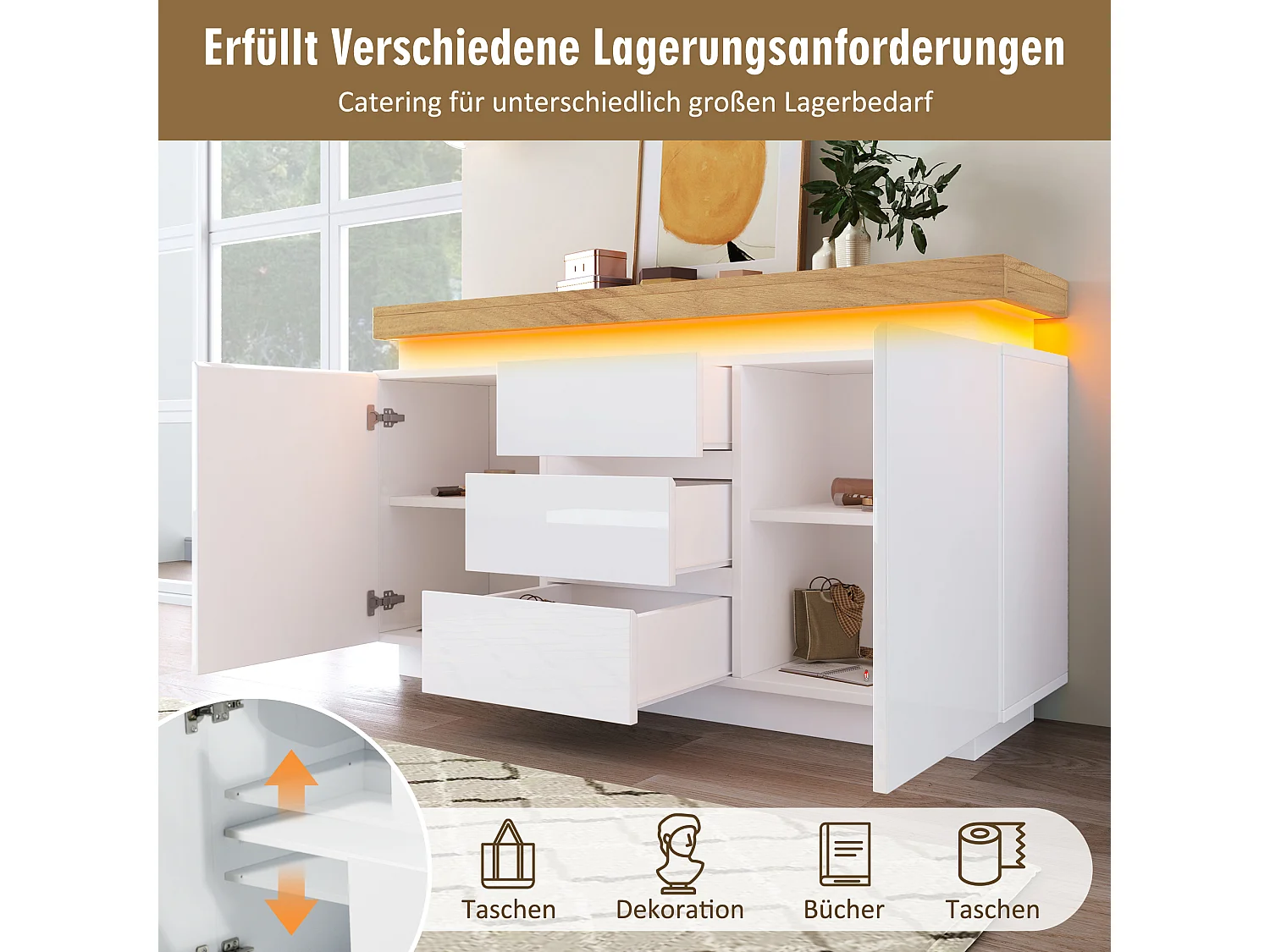 Commode avec 2 portes et 3 tiroirs - 140 x 39 x 81 cm - LEDs - Panneau de particules - pour salon, chambre - Blanc