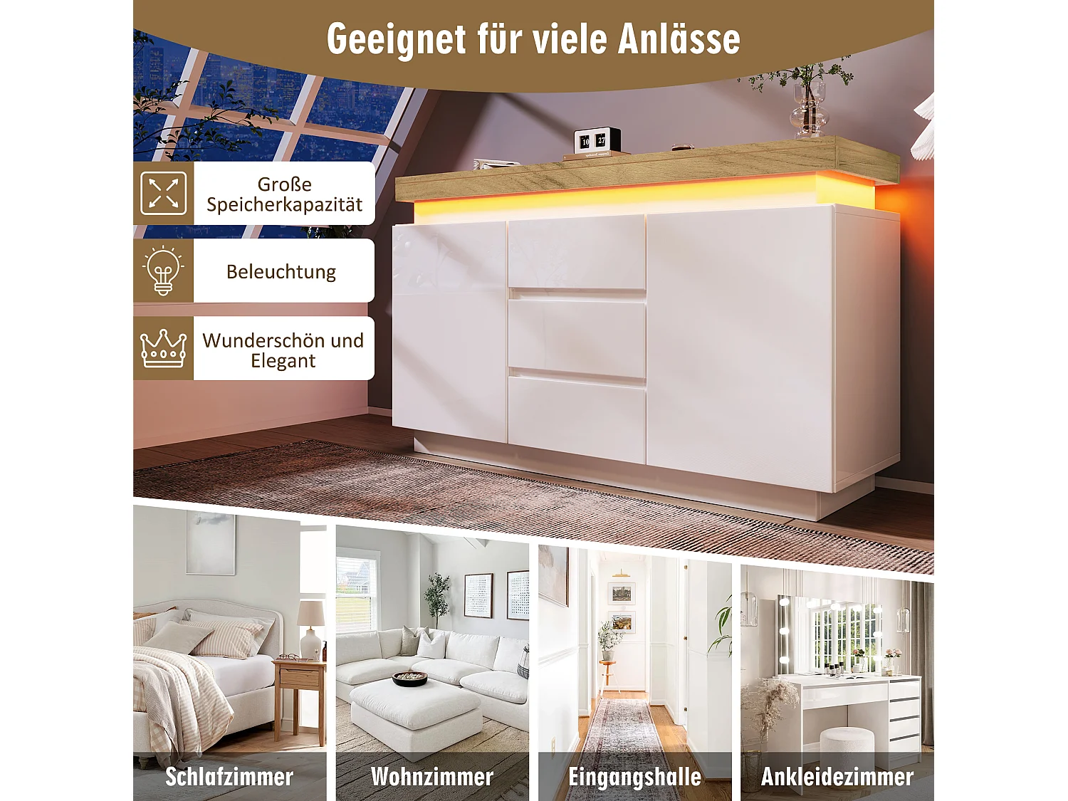 Commode avec 2 portes et 3 tiroirs - 140 x 39 x 81 cm - LEDs - Panneau de particules - pour salon, chambre - Blanc