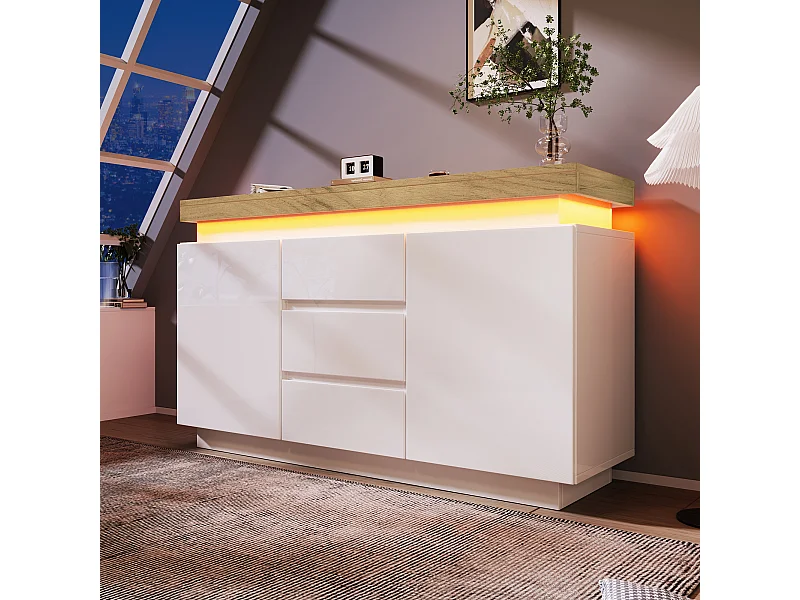 Kommode mit 2 Türen und 3 Schubladen – 140 x 39 x 81 cm – LEDs – Spanplatte – für Wohnzimmer, Schlafzimmer – Weiß