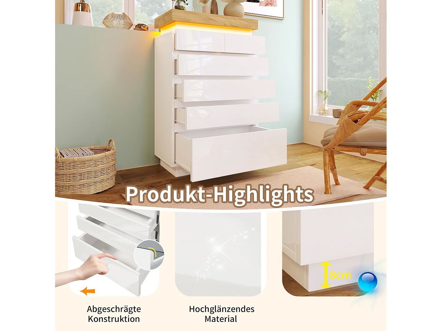 Commode avec 6 tiroirs - 73 x 39 x 115 cm - LEDs - Panneau de particules - pour salon et chambre - Blanc