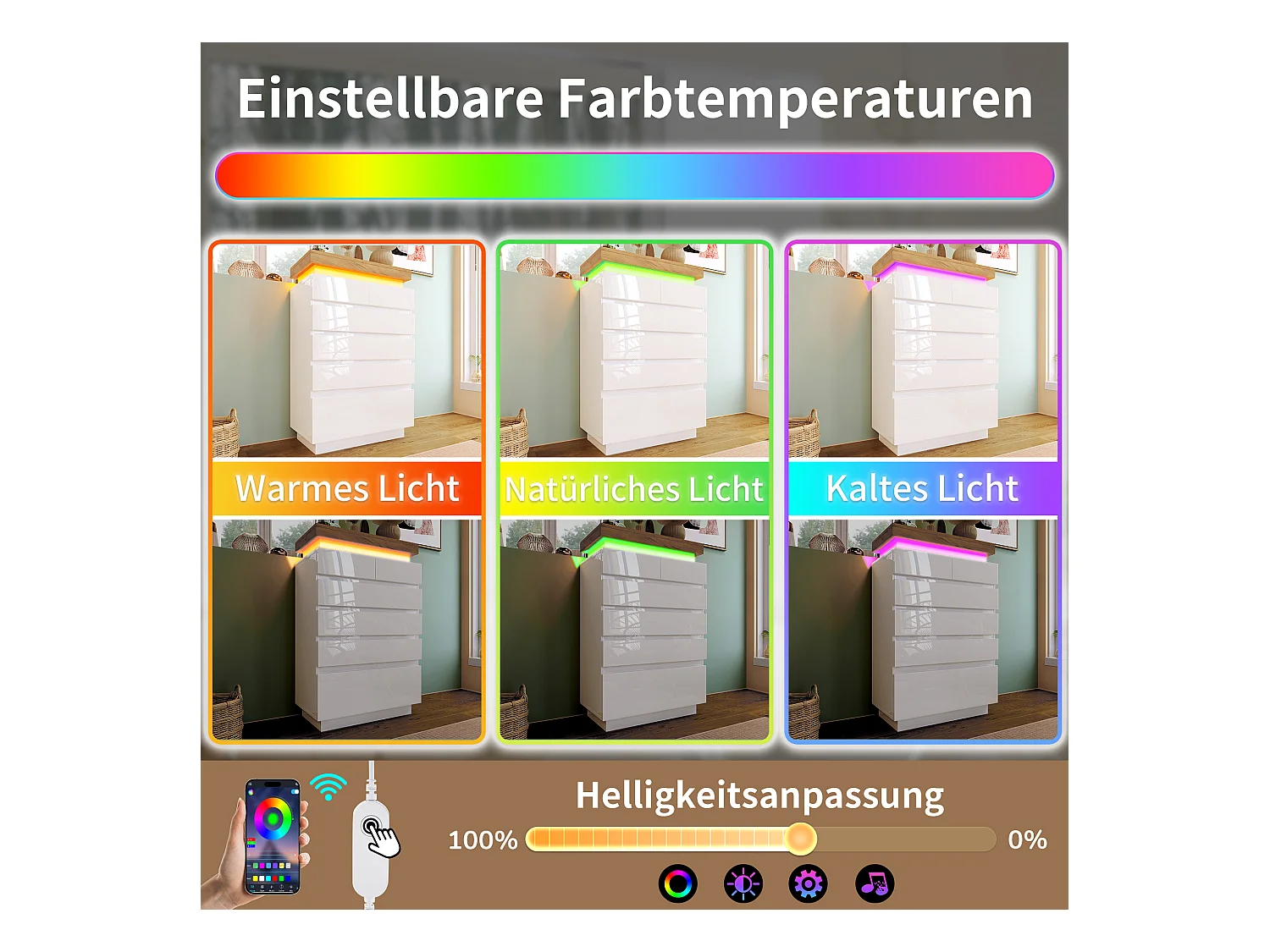 Ladekast met 6 lades - 73 x 39 x 115 cm - LED's - Spaanplaat - voor woon- en slaapkamer - Wit