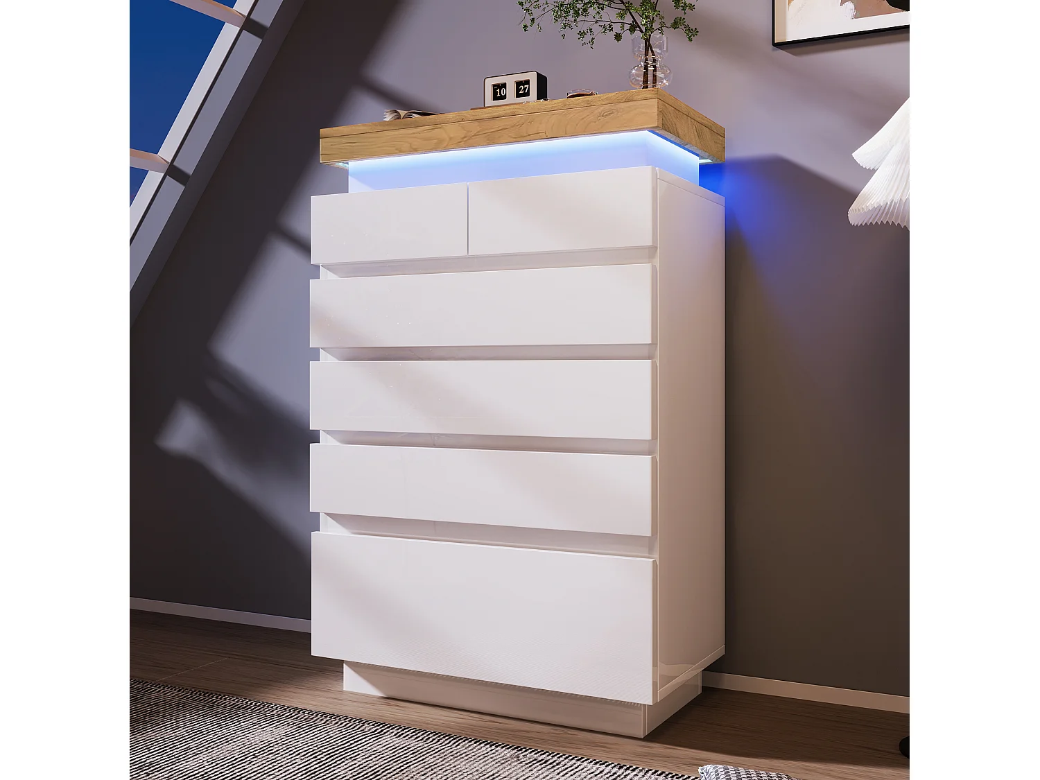 Cassettiera con 6 cassetti - 73 x 39 x 115 cm - LED - Truciolare - per soggiorno e camera da letto - Bianco