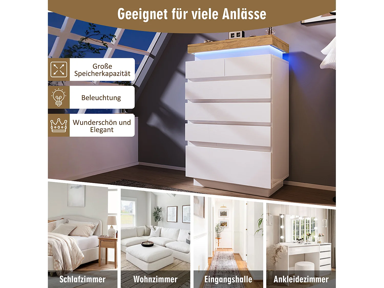 Cassettiera con 6 cassetti - 73 x 39 x 115 cm - LED - Truciolare - per soggiorno e camera da letto - Bianco