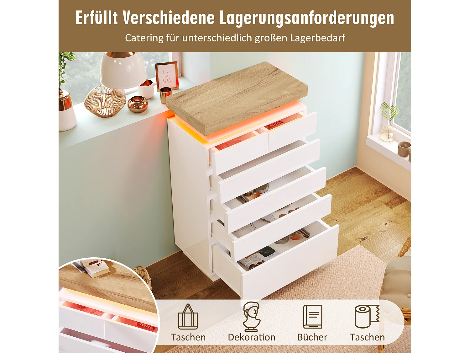 Cassettiera con 6 cassetti - 73 x 39 x 115 cm - LED - Truciolare - per soggiorno e camera da letto - Bianco