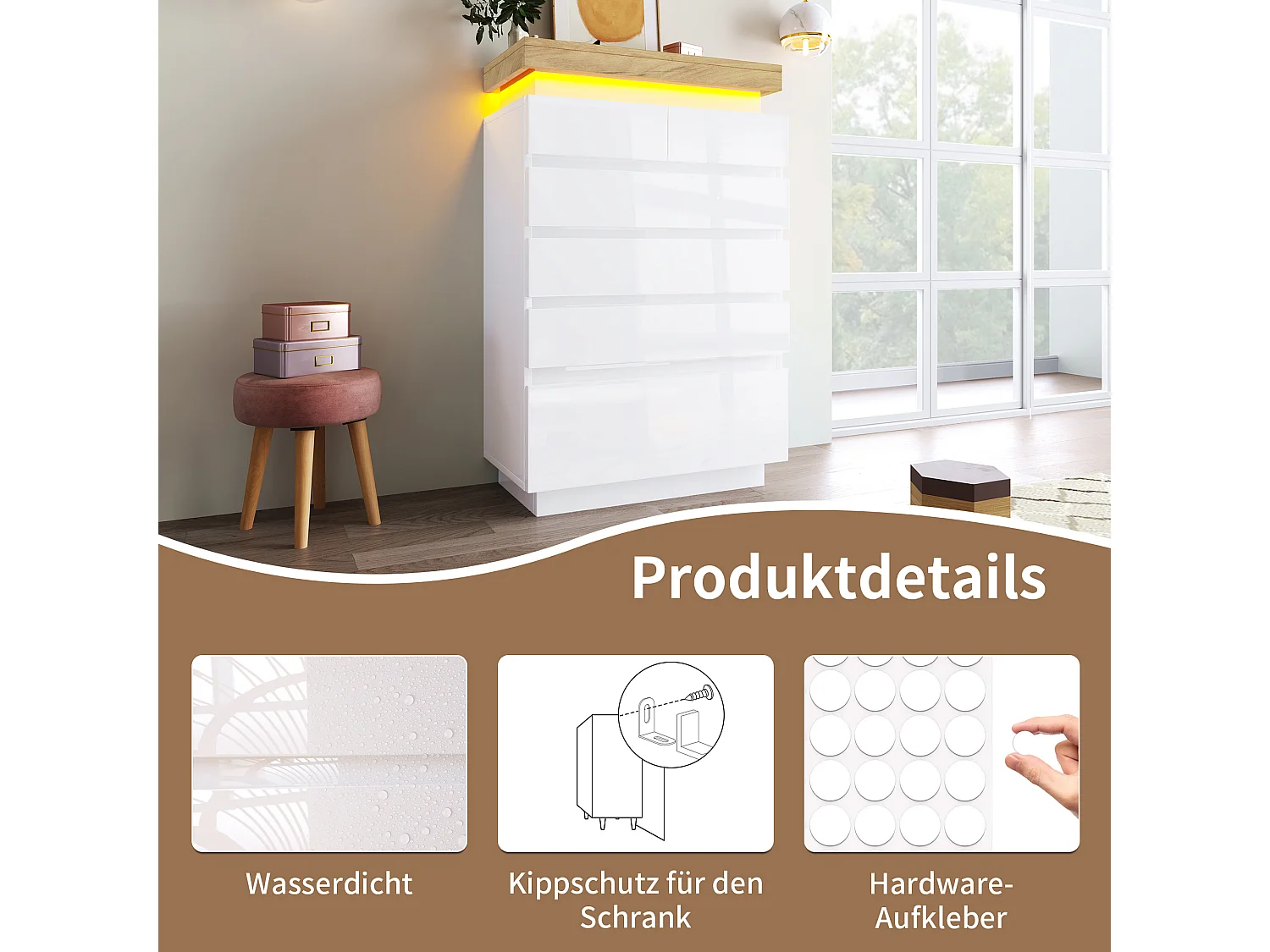 Cassettiera con 6 cassetti - 73 x 39 x 115 cm - LED - Truciolare - per soggiorno e camera da letto - Bianco