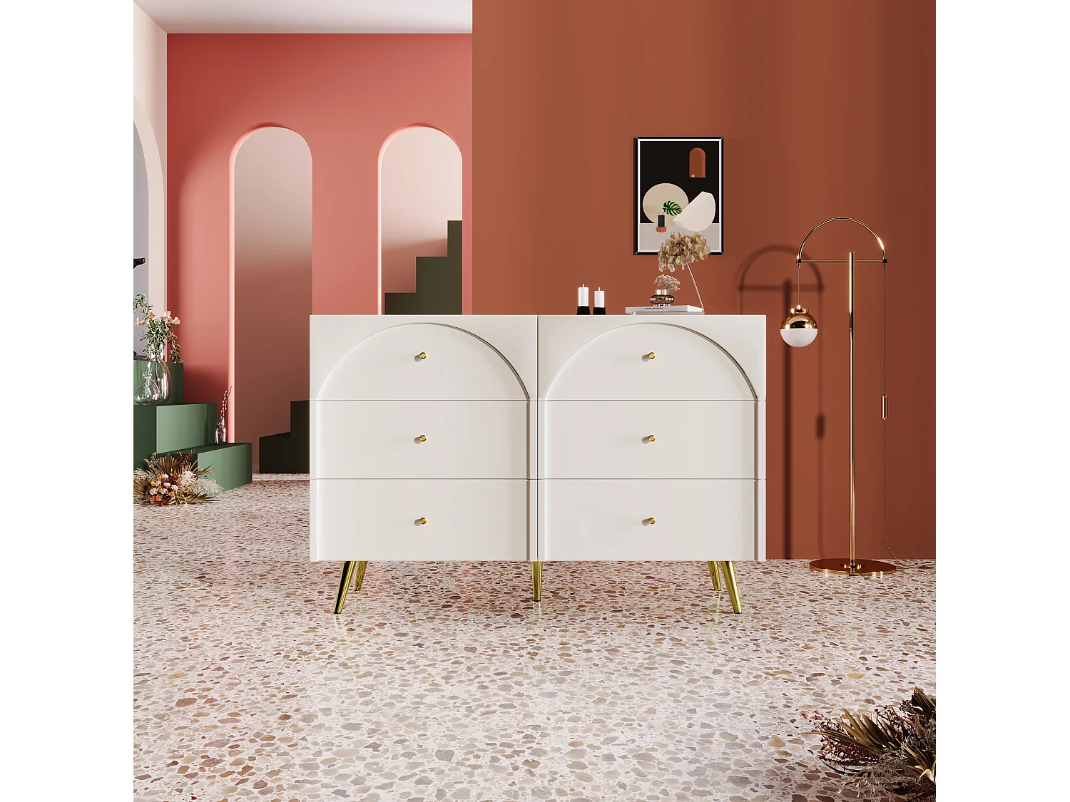 Kommode mit 6 Schubladen – 120 x 40 x 85 cm – Metallbeine + Spanplatten – für Wohnzimmer, Schlafzimmer – Cremeweiß