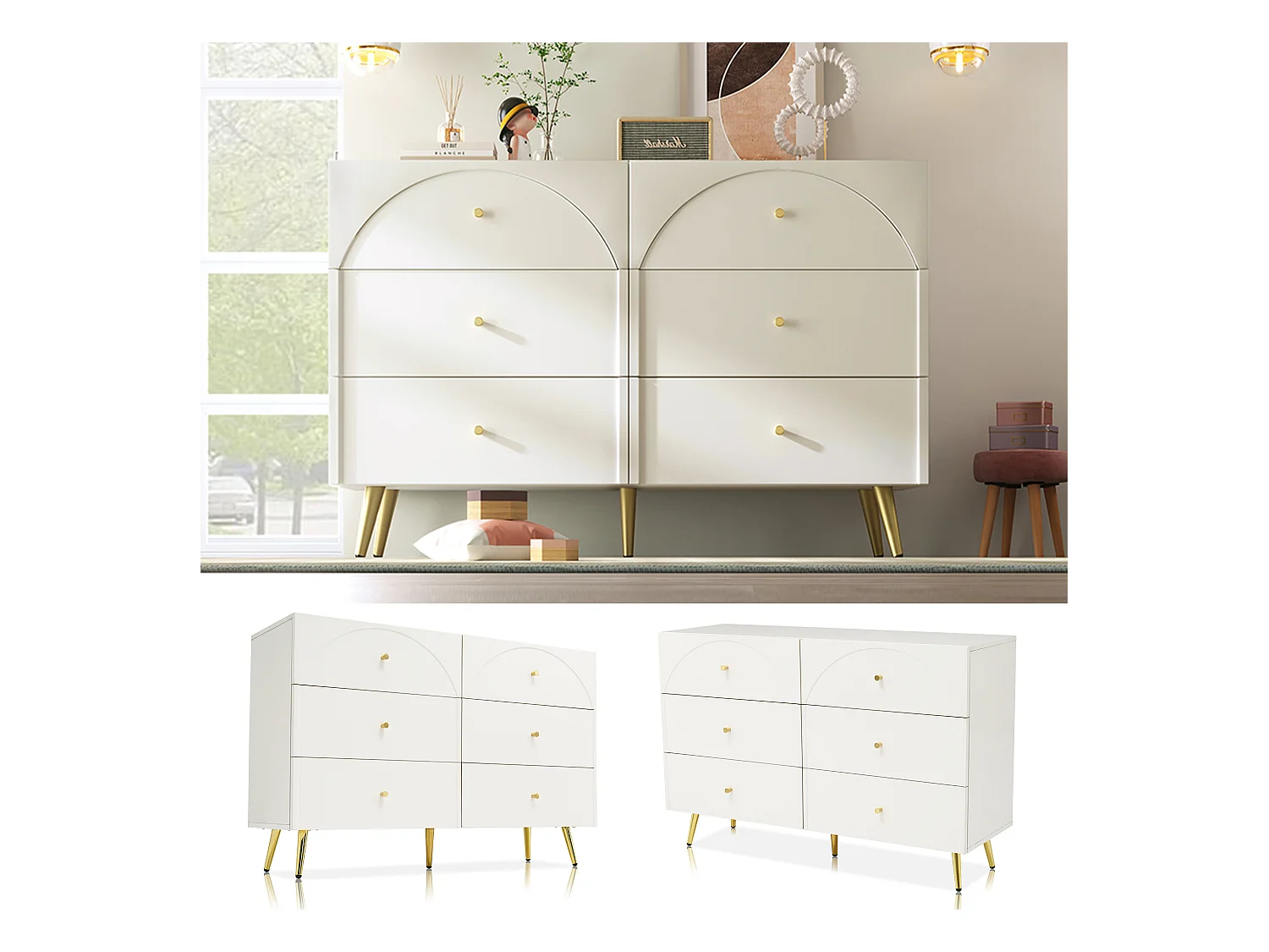 Commode avec 6 tiroirs - 120 x 40 x 85 cm - Pièds en métal + Panneaux aggloméré - pour salon, chambre - Blanc crème