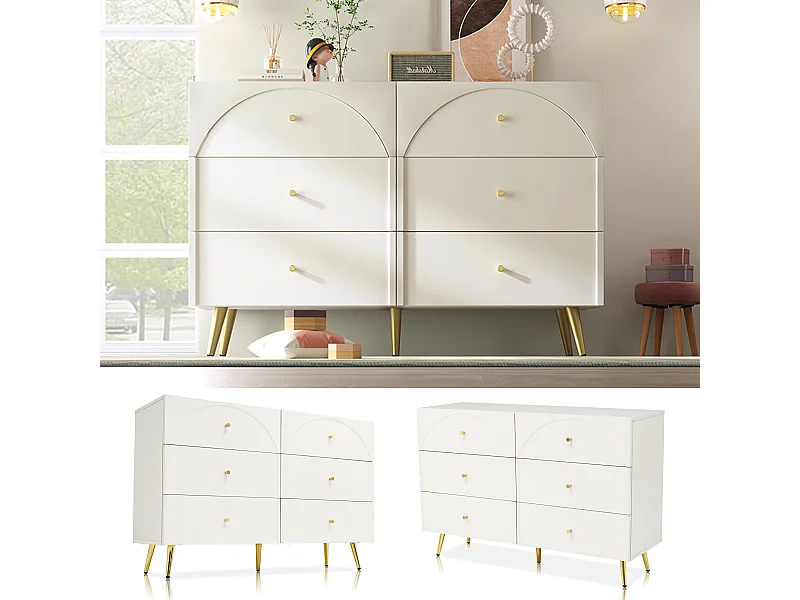 Cassettiera con 6 cassetti - 120 x 40 x 85 cm - Gambe in metallo + Pannelli in truciolare - Per soggiorno, camera da letto - Bianco crema