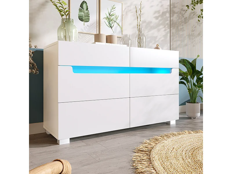 Commode avec 6 tiroirs - 120 x 40 x 71 cm - LEDs - Panneau de particules - pour salon, chambre - Blanc