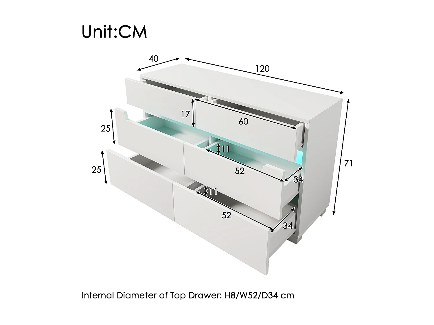 Commode avec 6 tiroirs - 120 x 40 x 71 cm - LEDs - Panneau de particules - pour salon, chambre - Blanc