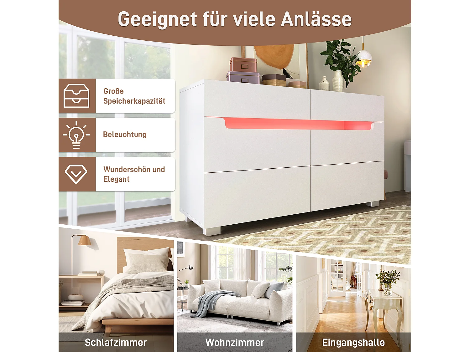 Commode avec 6 tiroirs - 120 x 40 x 71 cm - LEDs - Panneau de particules - pour salon, chambre - Blanc