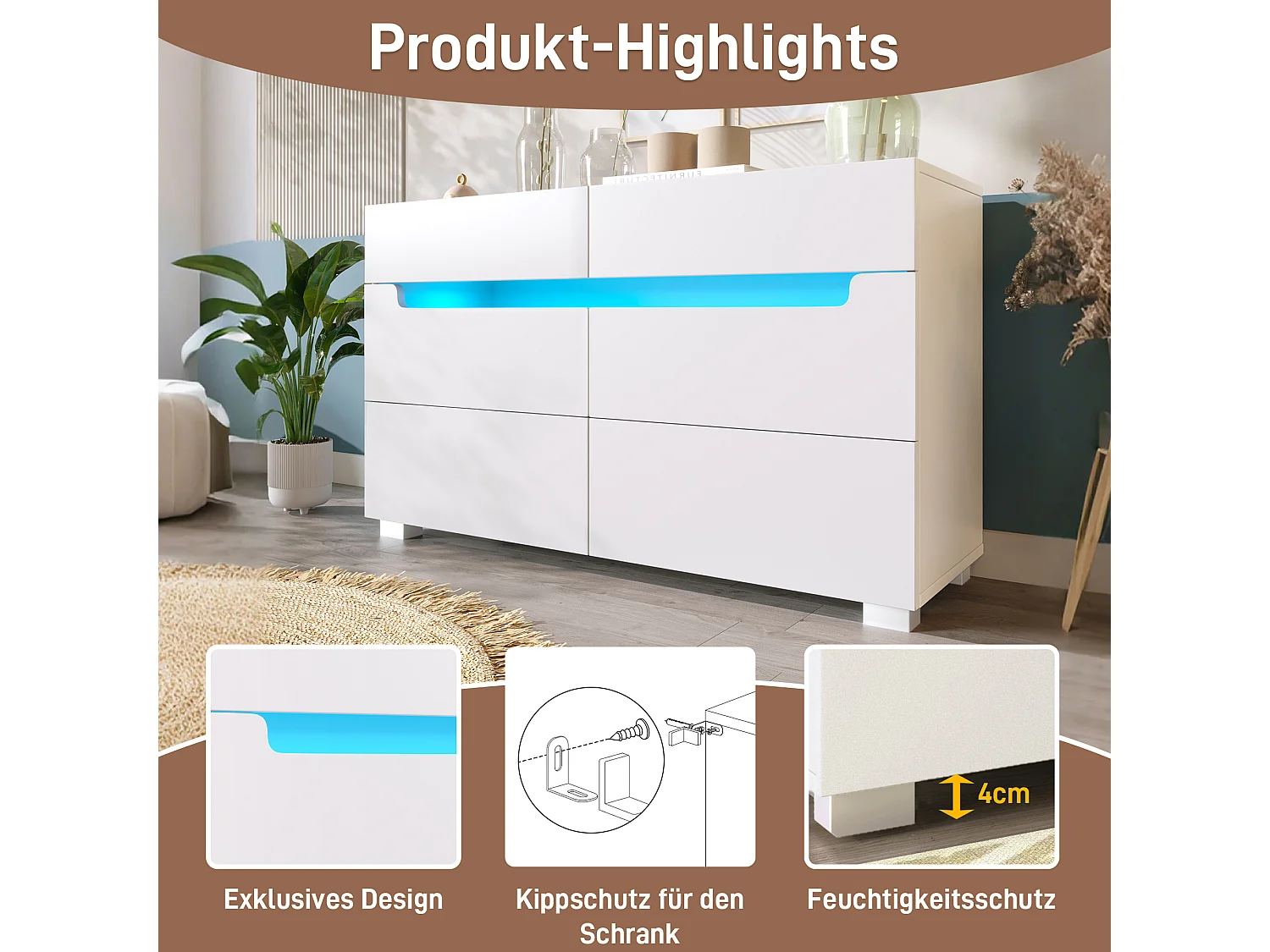 Commode avec 6 tiroirs - 120 x 40 x 71 cm - LEDs - Panneau de particules - pour salon, chambre - Blanc