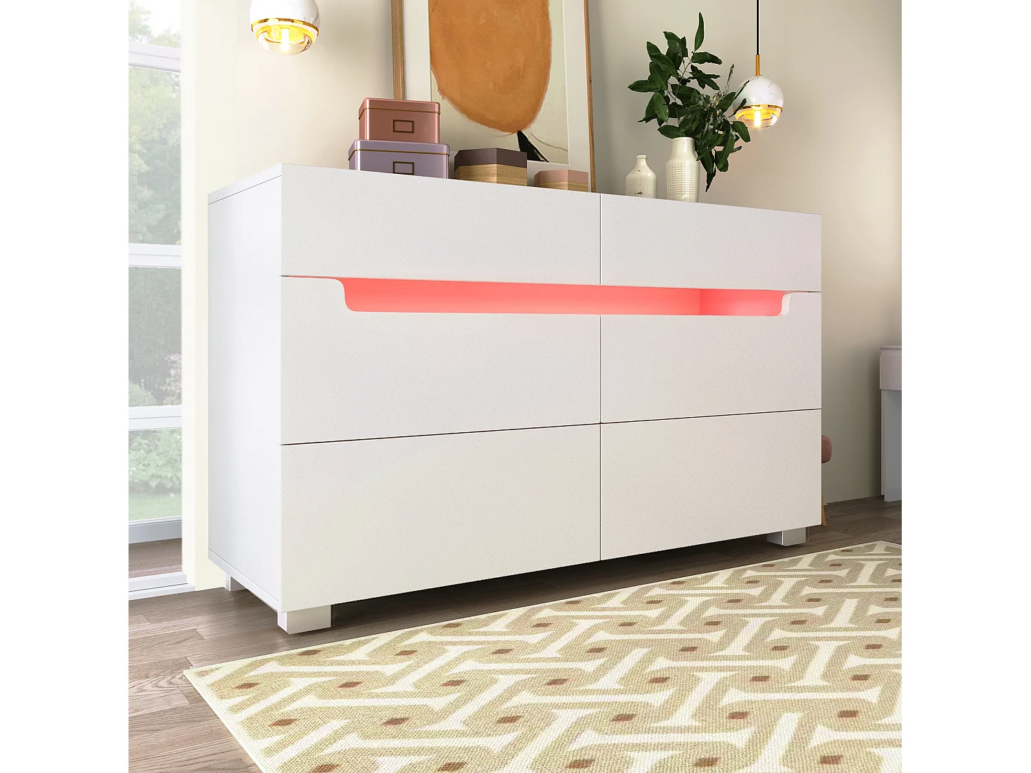 Commode avec 6 tiroirs - 120 x 40 x 71 cm - LEDs - Panneau de particules - pour salon, chambre - Blanc