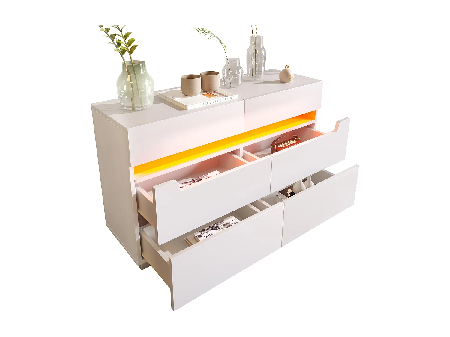 Commode avec 6 tiroirs - 120 x 40 x 71 cm - LEDs - Panneau de particules - pour salon, chambre - Blanc