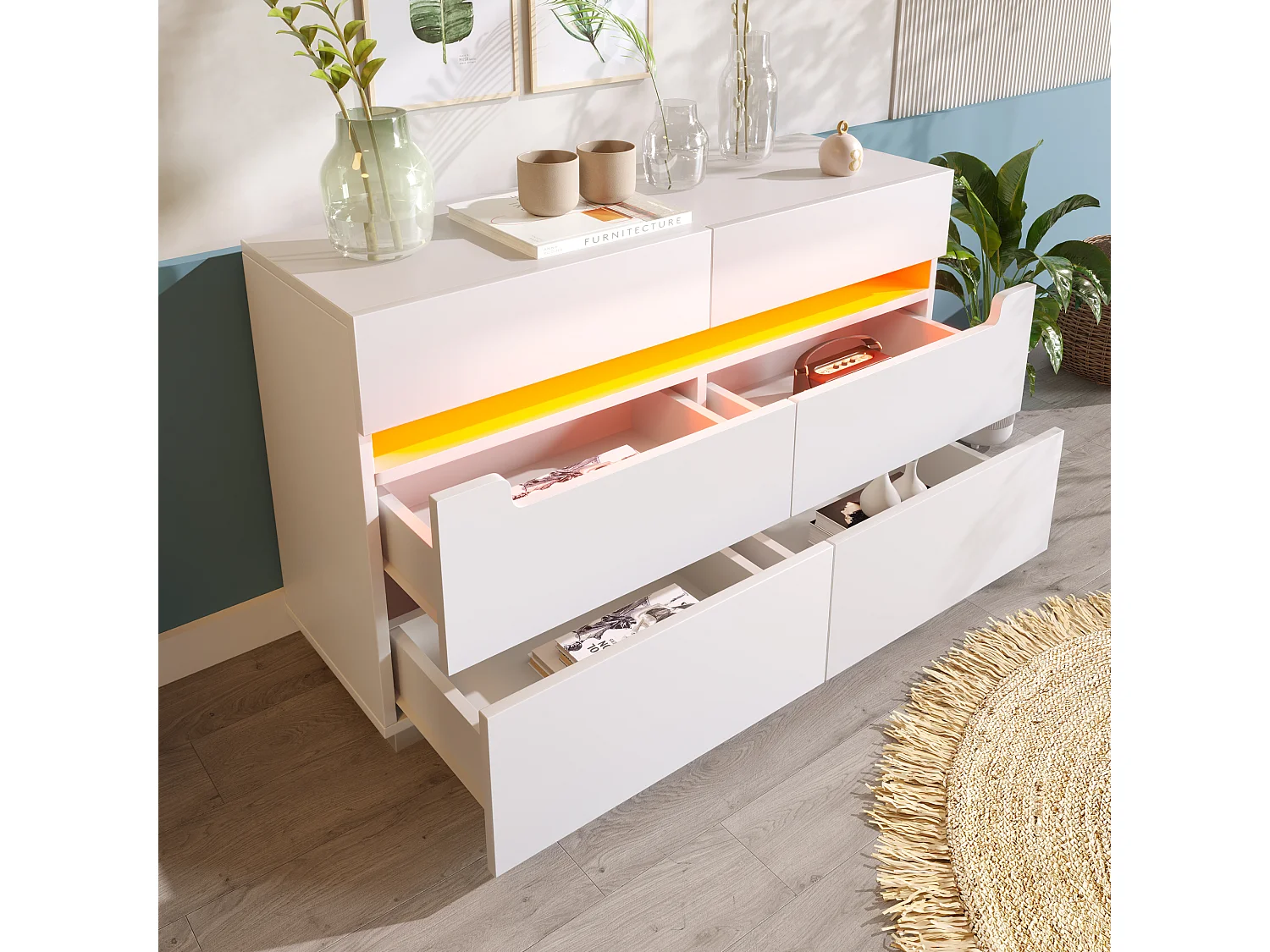 Commode avec 6 tiroirs - 120 x 40 x 71 cm - LEDs - Panneau de particules - pour salon, chambre - Blanc