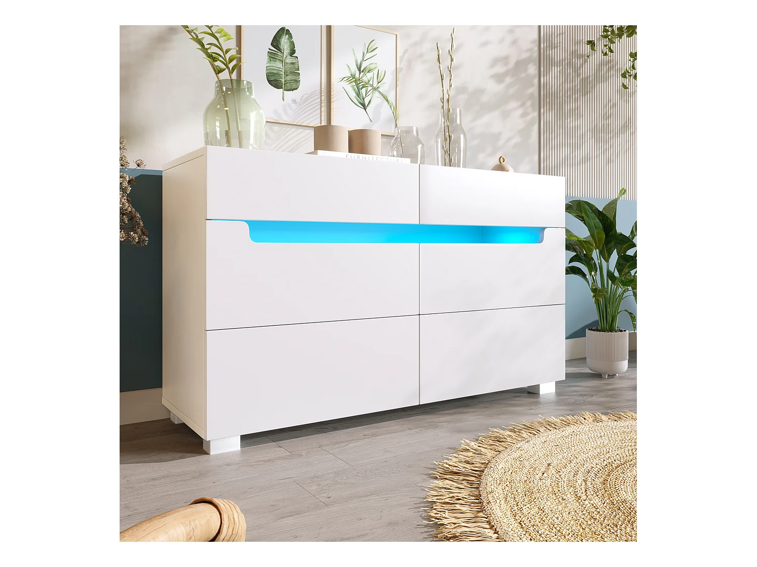 Kommode mit 6 Schubladen – 120 x 40 x 71 cm – LEDs – Spanplatte – für Wohnzimmer, Schlafzimmer – Weiß