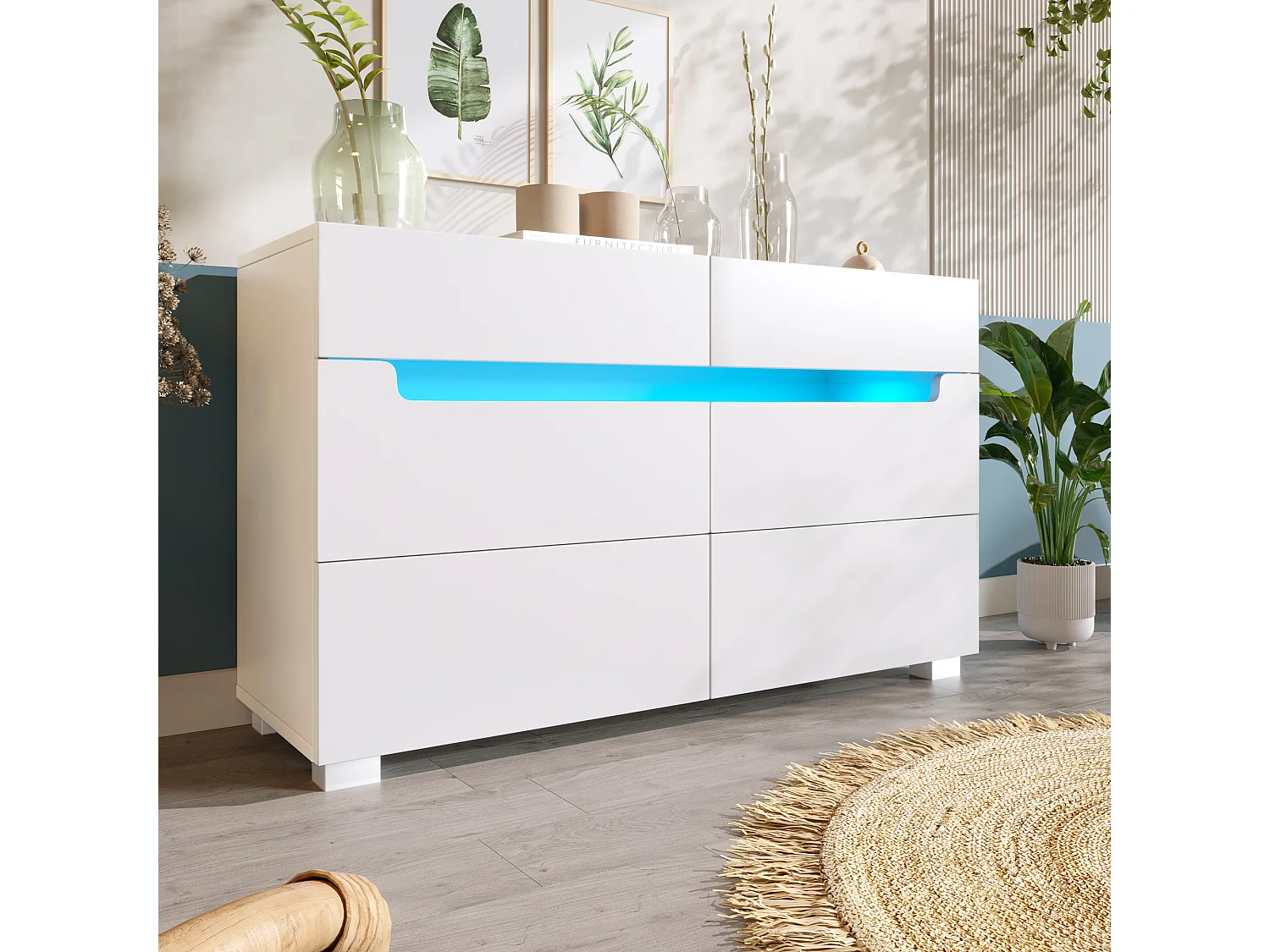 Commode avec 6 tiroirs - 120 x 40 x 71 cm - LEDs - Panneau de particules - pour salon, chambre - Blanc