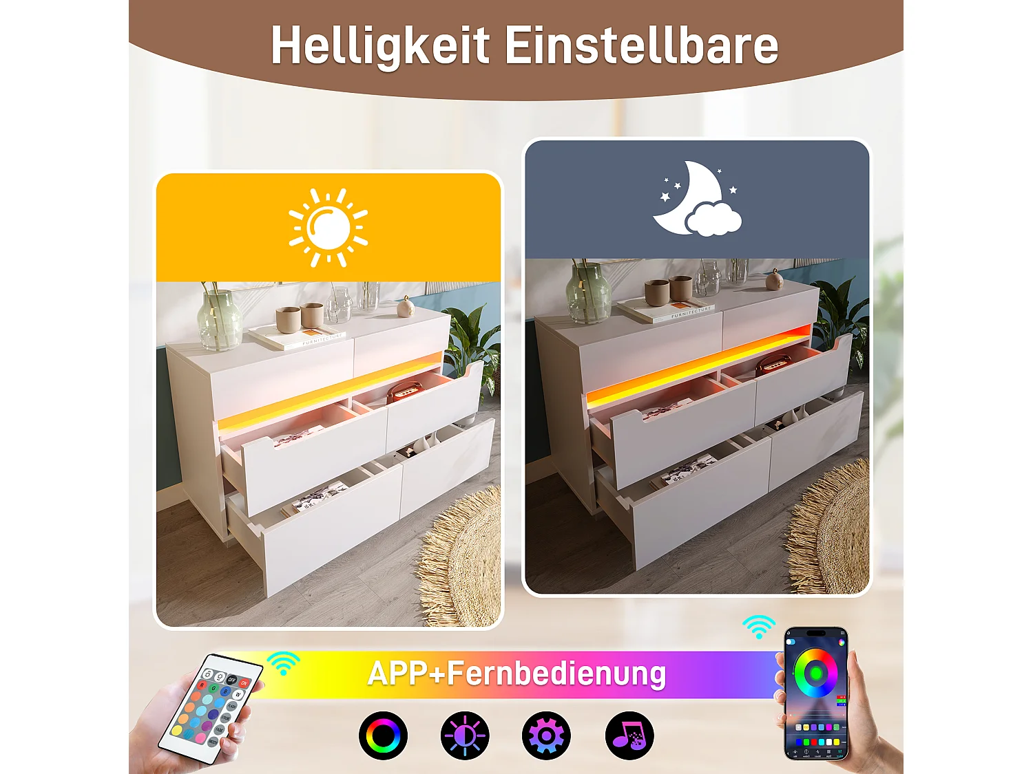 Commode avec 6 tiroirs - 120 x 40 x 71 cm - LEDs - Panneau de particules - pour salon, chambre - Blanc