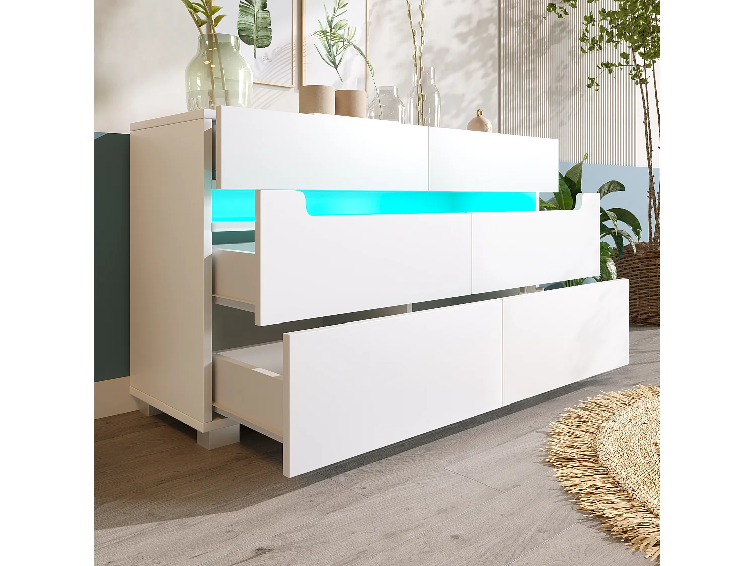 Commode avec 6 tiroirs - 120 x 40 x 71 cm - LEDs - Panneau de particules - pour salon, chambre - Blanc