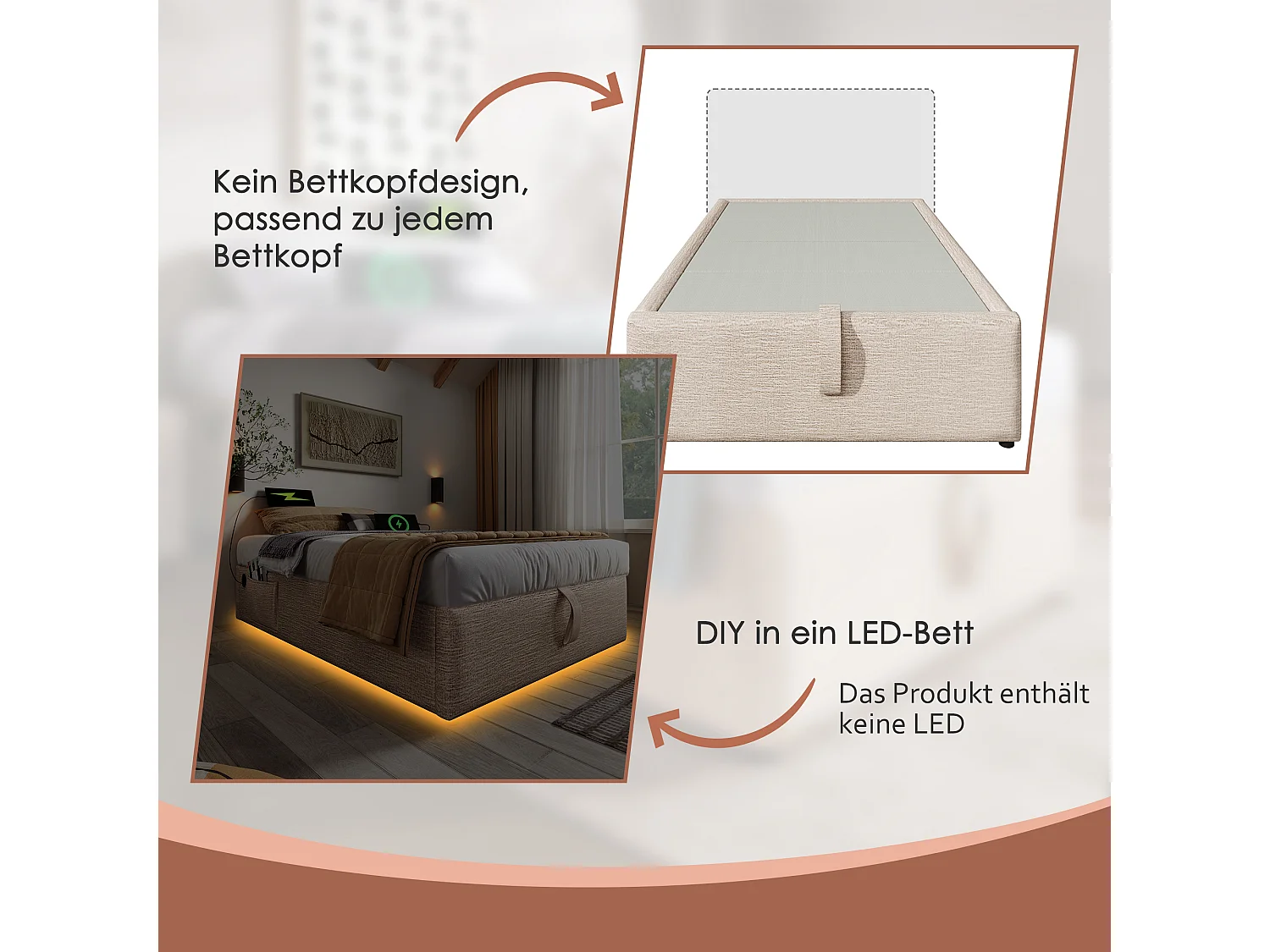 Lit coffre 90 x 190 cm sans tête de lit - 2 poches latérales et prises USB + Type-C - Tissu en lin - Beige (sans matelas)
