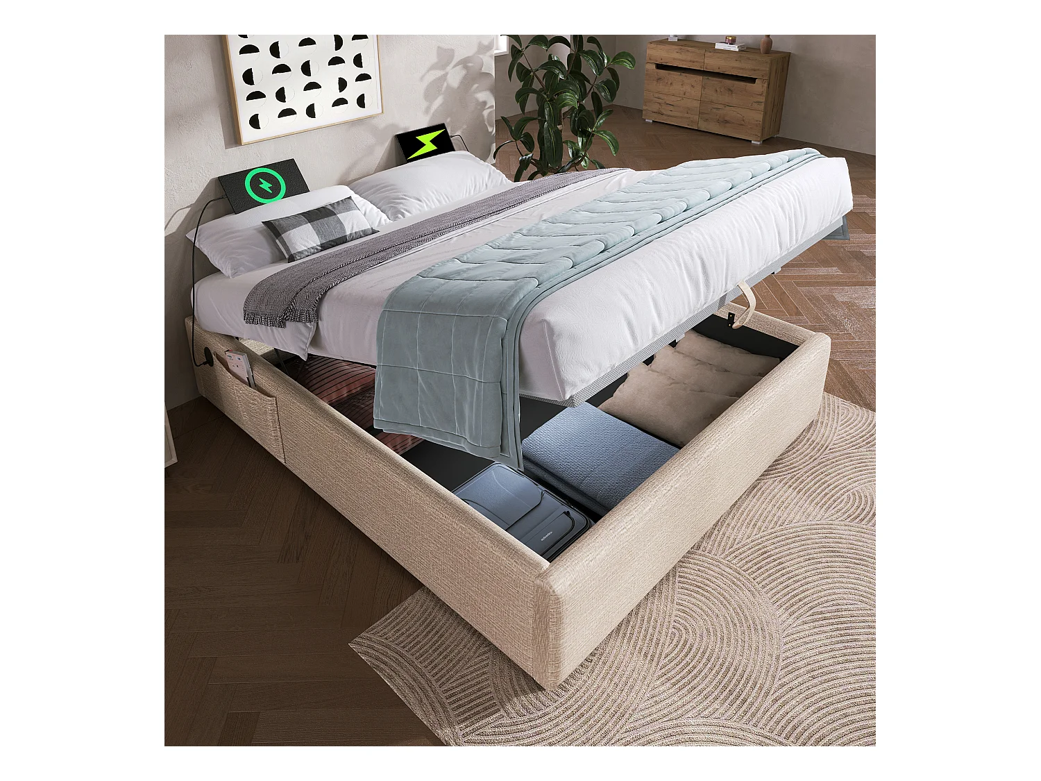 Lit coffre 140 x 200 cm sans tête de lit - 2 poches latérales et prises USB + Type-C - Tissu en lin - Beige (sans matelas)