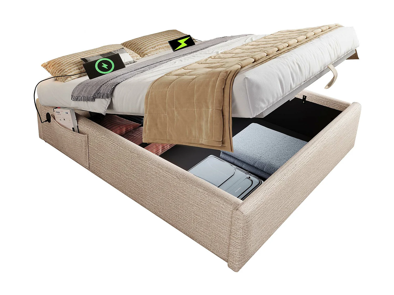 Lit coffre 140 x 200 cm sans tête de lit - 2 poches latérales et prises USB + Type-C - Tissu en lin - Beige (sans matelas)