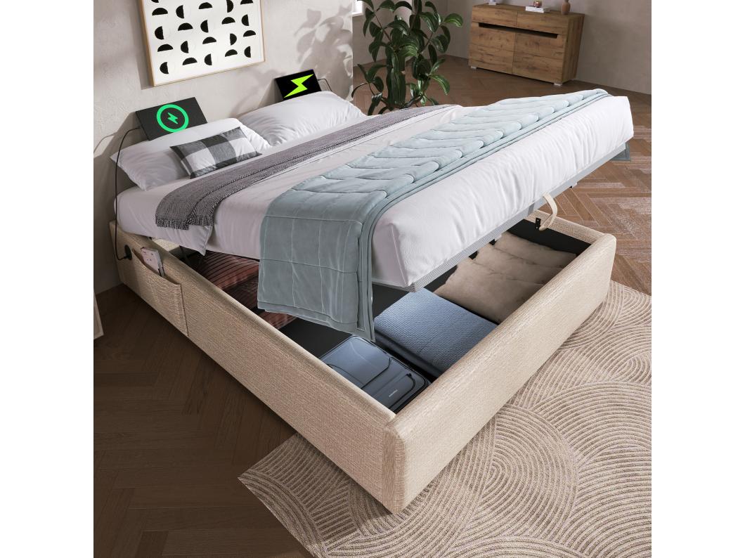 Opbergbed 140 x 200 cm zonder hoofdbord - 2 zijvakken en USB + Type-C stopcontacten - Linnenstof - Beige (zonder matras)
