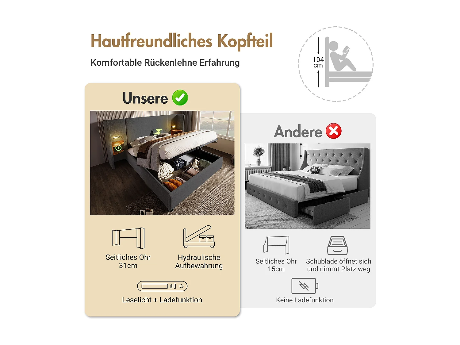 Lit coffre 180 x 200 cm avec grand tête de lit et chevets - Lampe de lecture et prises USB + Type-C - Tissu en lin - Gris (sans matelas)