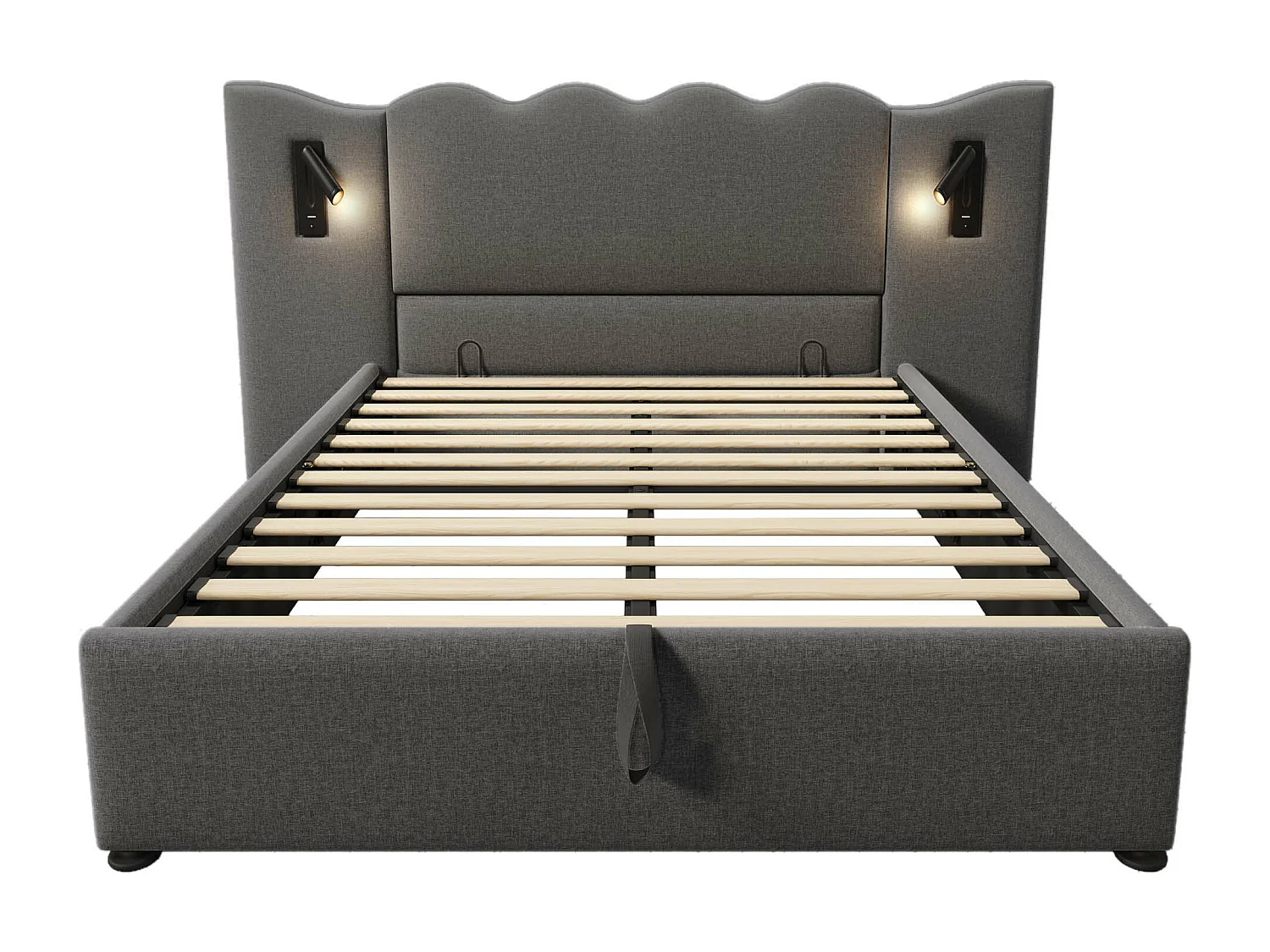 Letto contenitore 160 x 200 cm con testiera ampia - Lampada da lettura e prese USB + Type-C - Tessuto di lino e legno massello - Grigio (senza materasso)