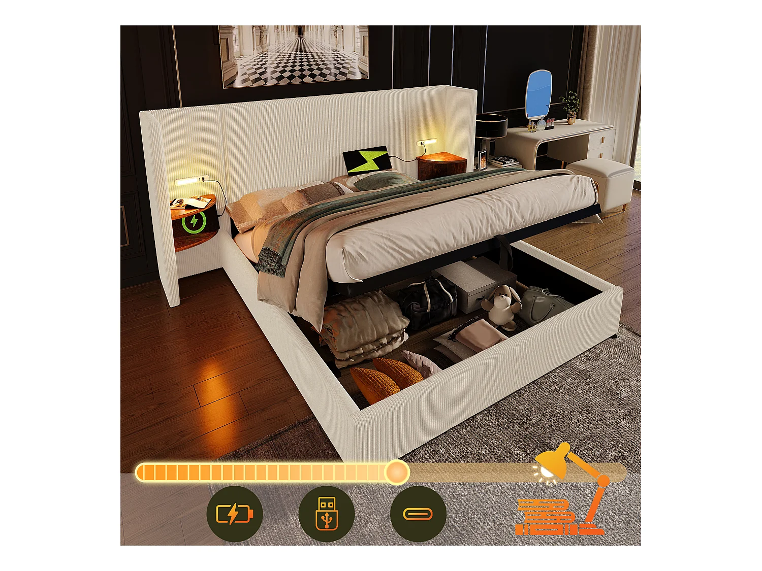 Lit coffre 160 x 200 cm avec grand tête de lit et chevets - Lampe de lecture et prises USB + Type-C - Tissu en lin - Crème (sans matelas)