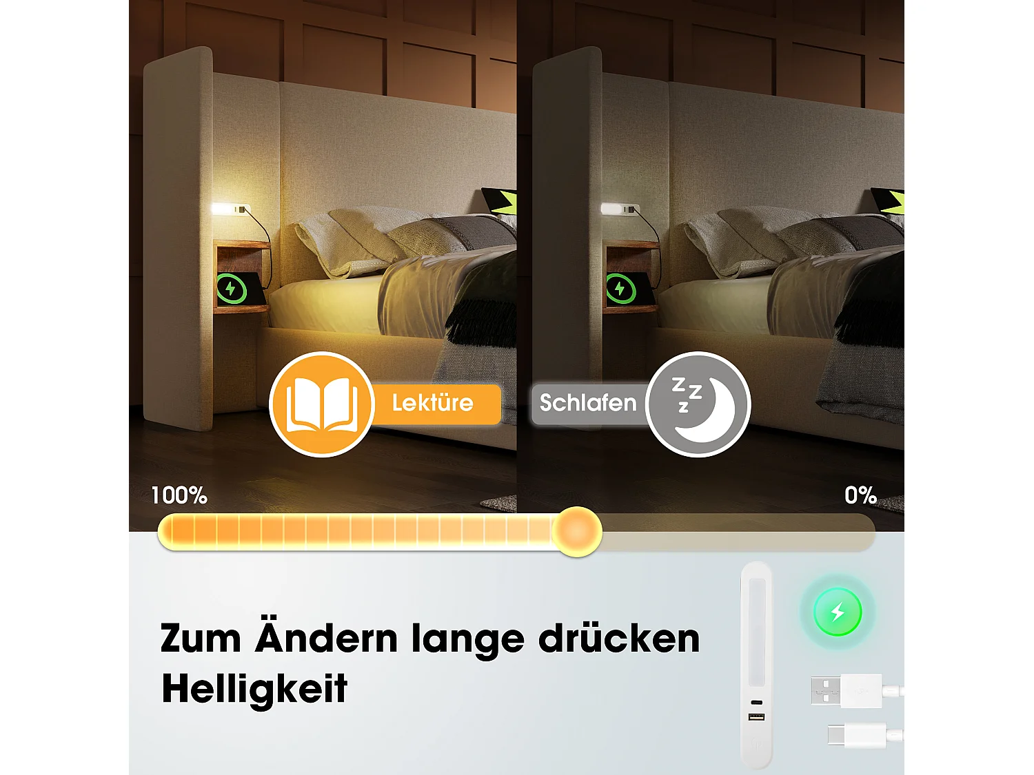 Lit coffre 180 x 200 cm avec grand tête de lit et chevets - Lampe de lecture et prises USB + Type-C - Tissu en lin - Beige (sans matelas)