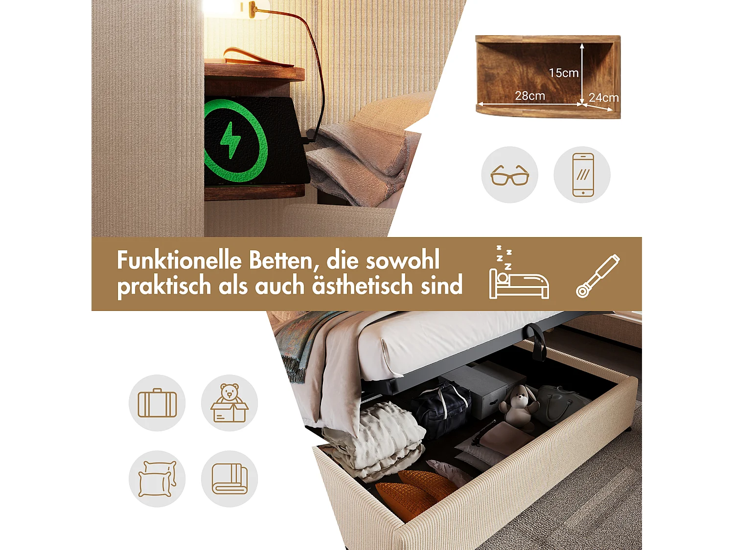 Opbergbed 180 x 200 cm met groot hoofdbord en nachtkastjes - Leeslamp en USB+Type-C stopcontacten - Linnenstof - Crème (zonder matras)