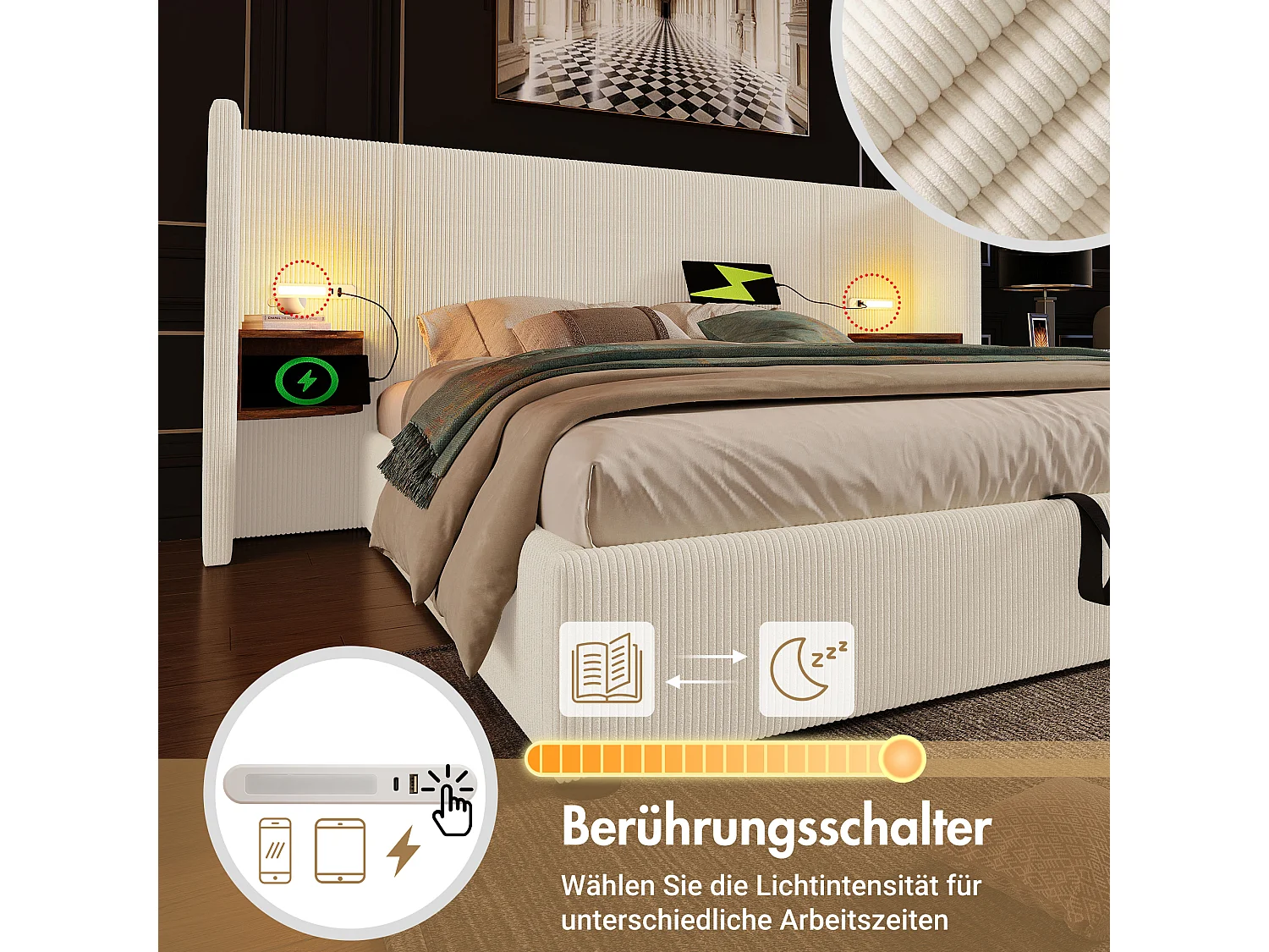 Opbergbed 180 x 200 cm met groot hoofdbord en nachtkastjes - Leeslamp en USB+Type-C stopcontacten - Linnenstof - Crème (zonder matras)