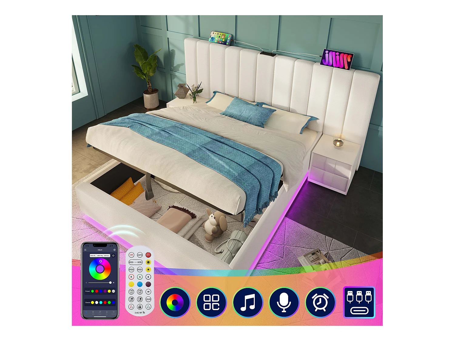 Lit coffre 160 x 200 cm avec grand tête de lit - Lampe de lecture et prises USB + Type-C - LEDs - Cuir PU - Blanc (sans matelas)
