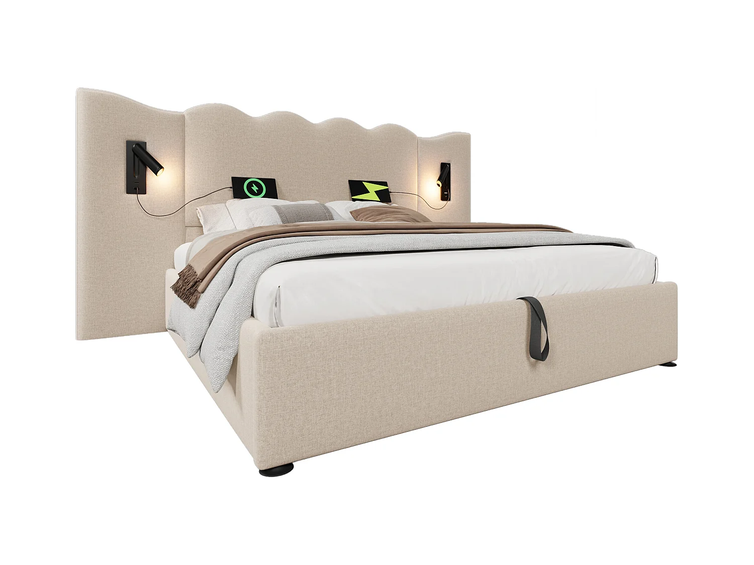 Lit coffre 160 x 200 cm avec grand tête de lit - Lampe de lecture et prises USB + Type-C - Tissu lin et bois massif - Beige (sans matelas)