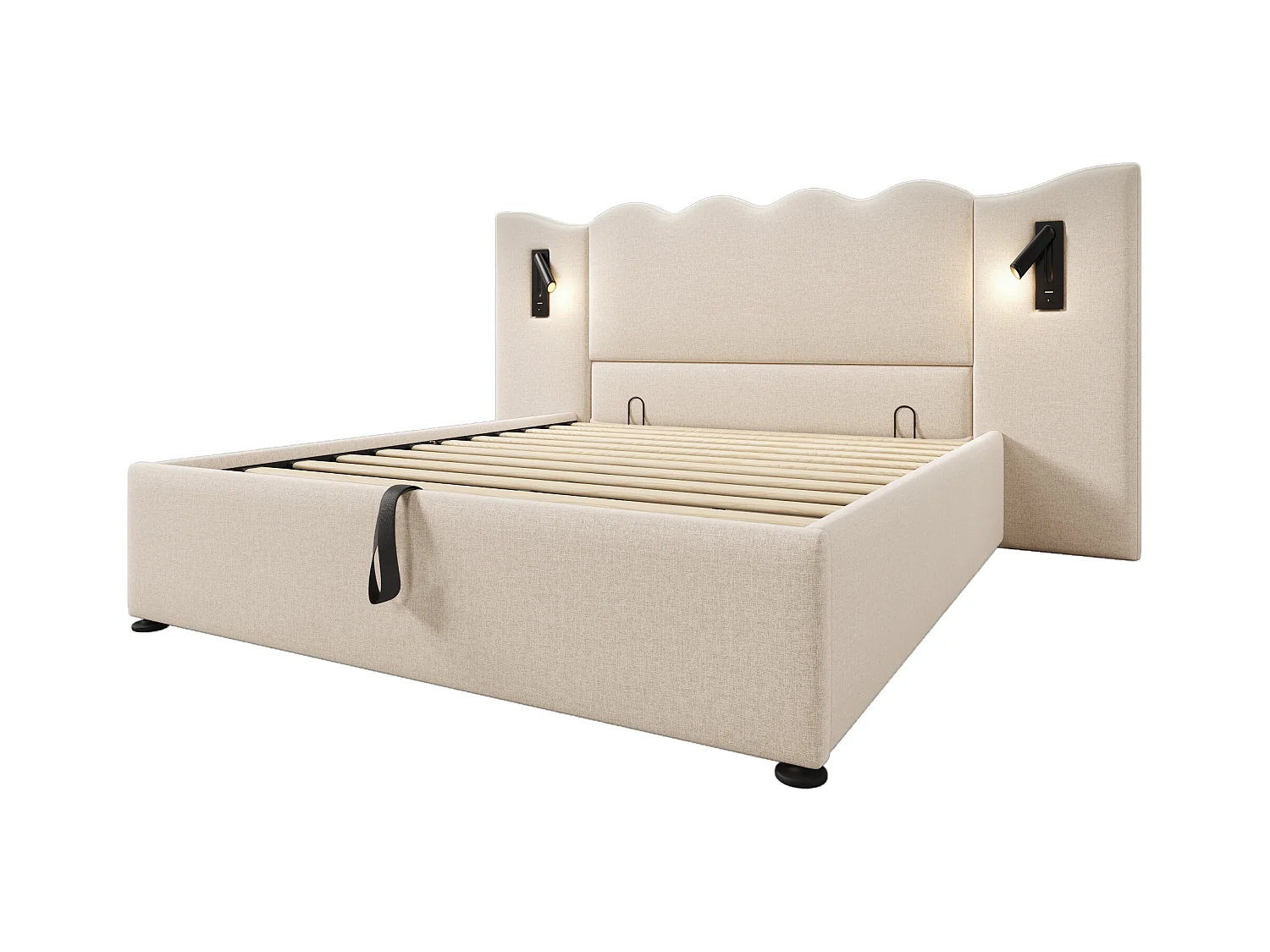 Lit coffre 160 x 200 cm avec grand tête de lit - Lampe de lecture et prises USB + Type-C - Tissu lin et bois massif - Beige (sans matelas)