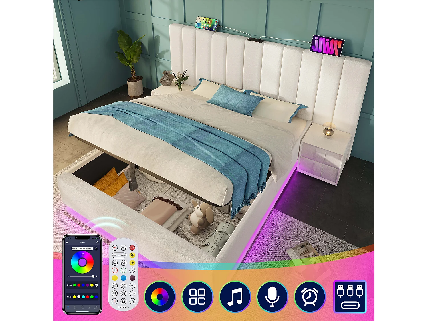 Cama contenedor 180 x 200 cm con cabecero grande - Lámpara de lectura y tomas USB + Tipo C - LED - Cuero PU - Blanco (sin colchón)